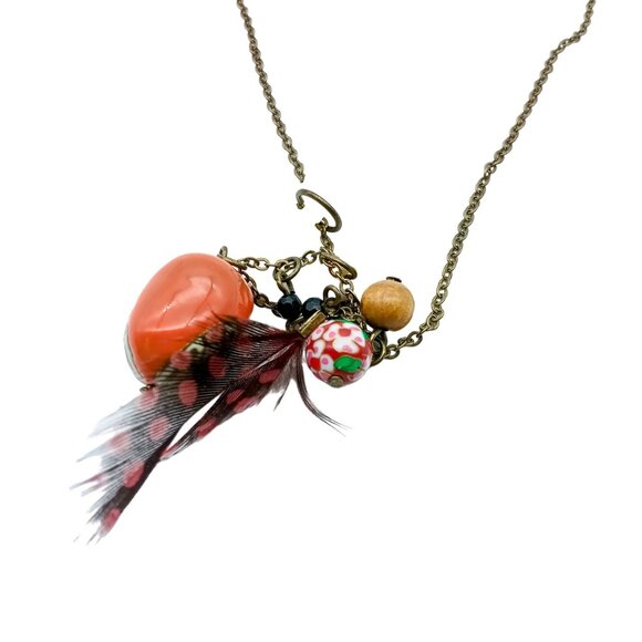 Vintage Owl Pendant Necklace with Feather & Beads in Mixed Materials - Picture 5 of 5